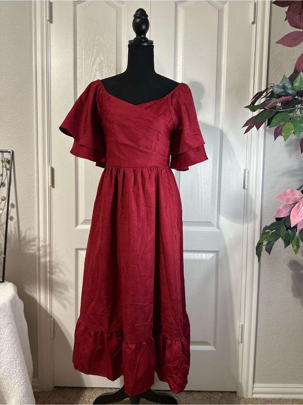Women's Red Midi Dress with Flutter Sleeves